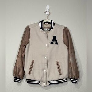 Abercrombie Kids Cream Brown Varsity Jacket Coat Gold Sparkle Girl Size 13/14